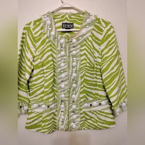 Berek Size Small Lime Green & White Zebra Cotton Beaded Gem Jacket